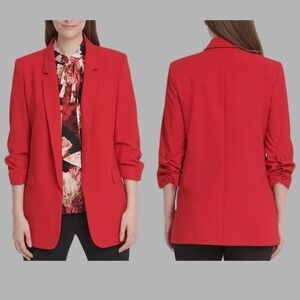 Dkny Women's Open Front Long Line Blazer Sz 14 Red Ruched 3/4 Sleeves Career
